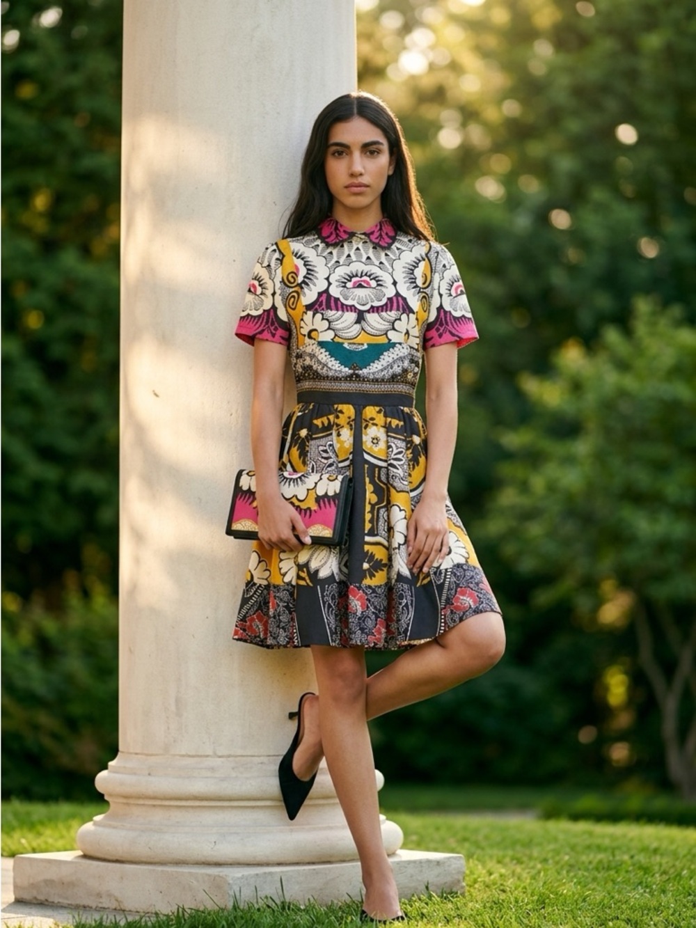 Valentino Yellow, Black, Pink Floral Paisley Dress